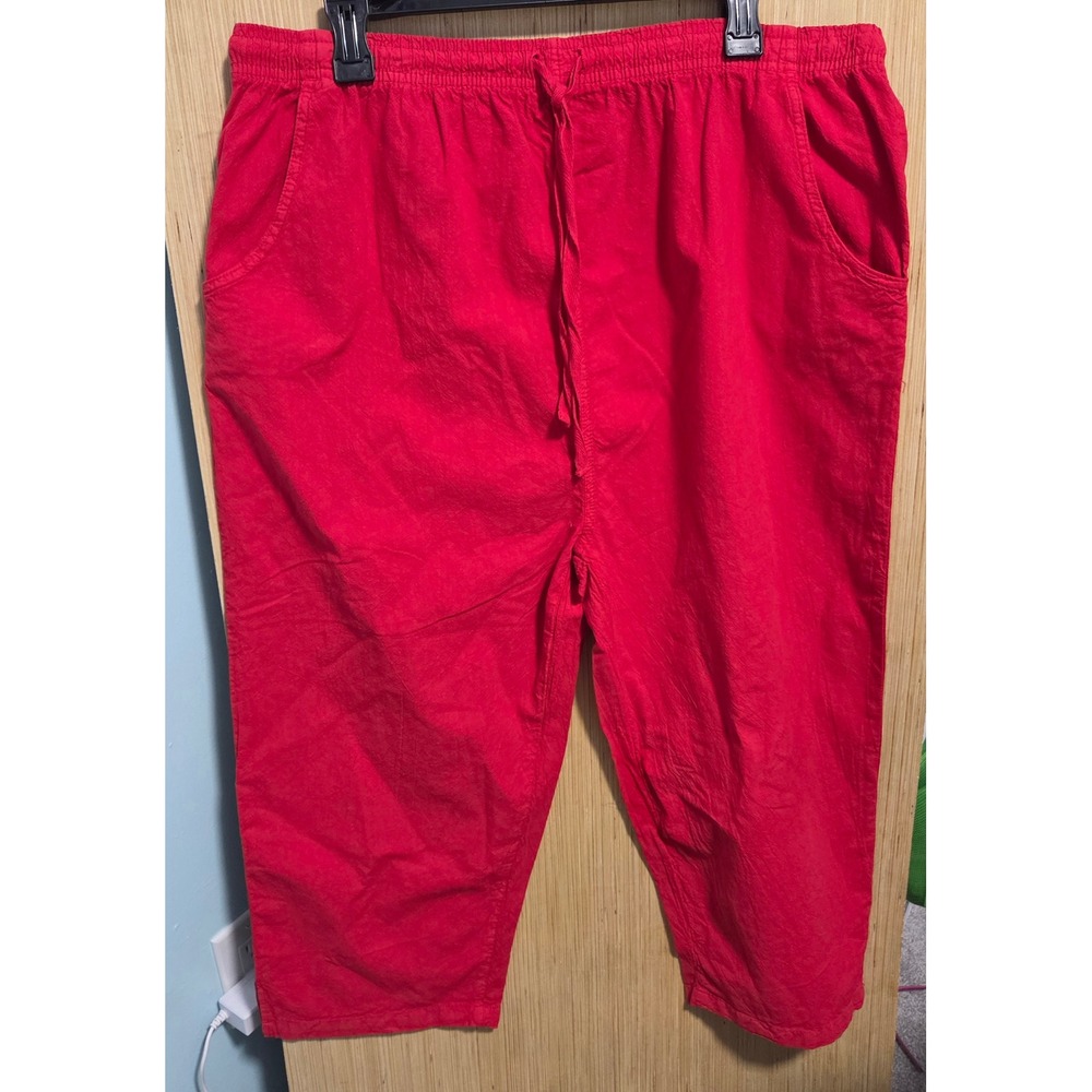 Ragtop USA Womens Red 100% Cotton Elastic Waist Drawstring Cropped Pants 2X